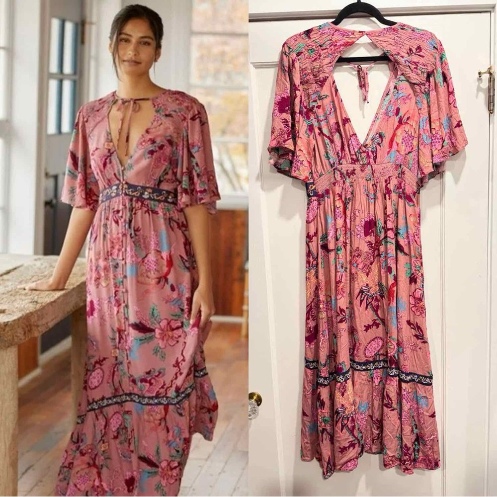 NWT‎ Anthropologie Embroidered Maxi Dress Pink Floral Flutter Sleeve Medium Boho